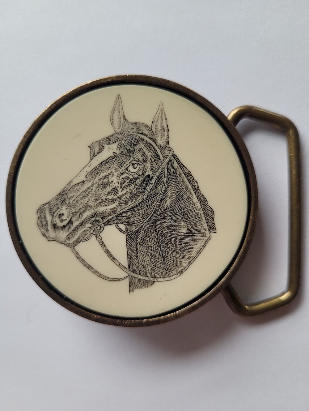 BTS Vintage Solid Brass Circular Belt Buckle w/ Horse Portrait